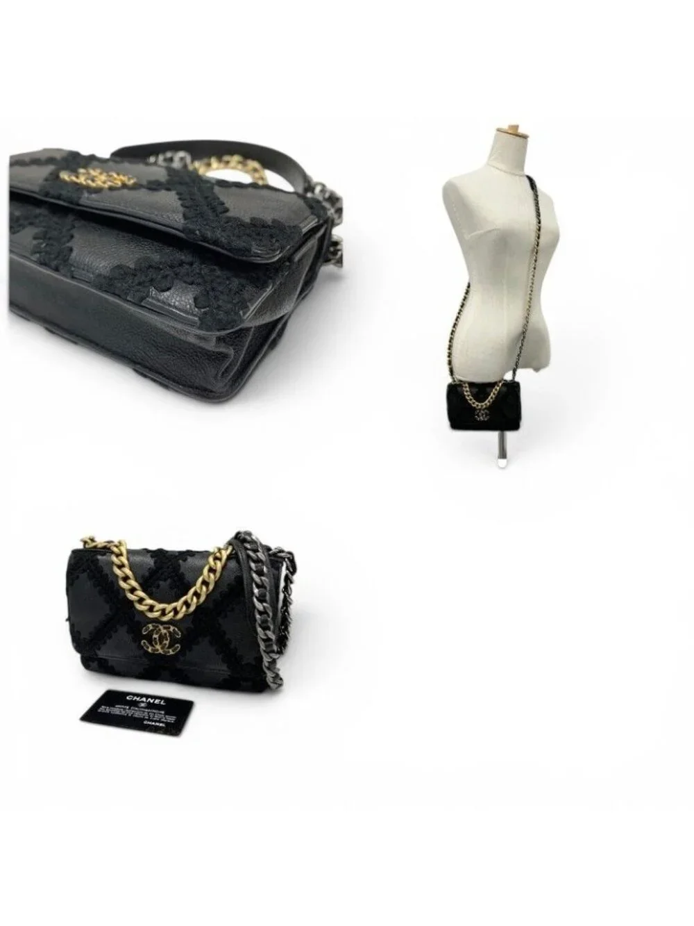 Chanel Shoulder Bag Black Gold Silver 19 CC Logo Crochet Chain Wallet